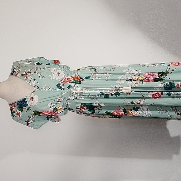 Amzplus Dress Floral Smocked Boho Tassled Tie Front Maxi Green Plus Size 3XL - Picture 8 of 15